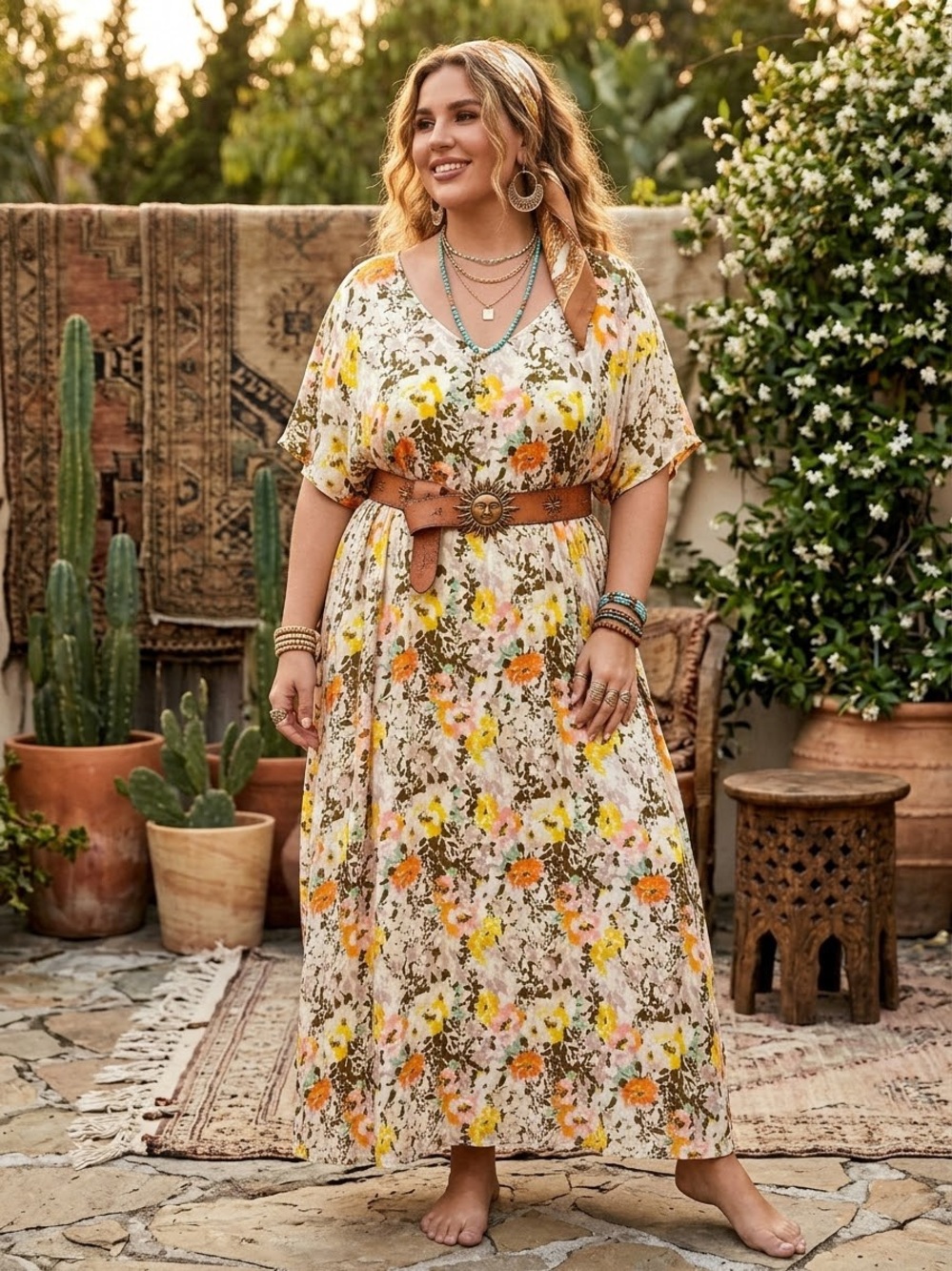 Woman Within Floral Maxi Dress Cream Yellow, Orange Pink Blooms 3X short sleeve